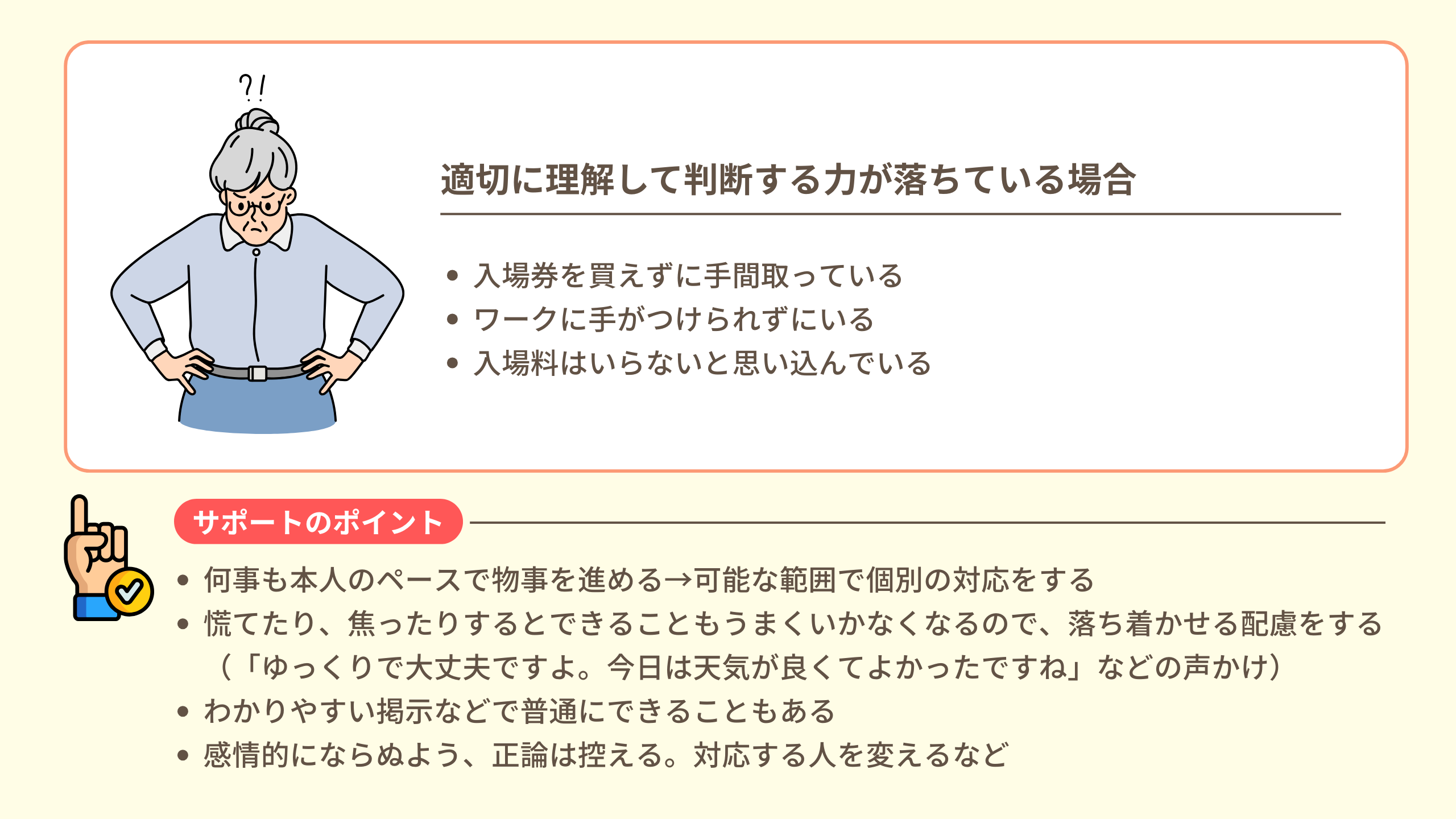 （適切に理解して判断する力が落ちている場合） ・入場券を買えずに手間取っている ・ワークに手がつけられずにいる ・入場料はいらないと思い込んでいる  サポートのポイント ・何事も本人のペースで物事を進める&rarr;可能な範囲で個別の対応をする ・慌てたり、焦ったりするとできることもうまくいかなくなるので、落ち着かせる配慮をする（「ゆっくりで大丈夫ですよ。今日は天気が良くてよかったですね」などの声かけ ・わかりやすい掲示などで普通にできることもある ・感情的にならぬよう、正論は控える。対応する人を変えるなど