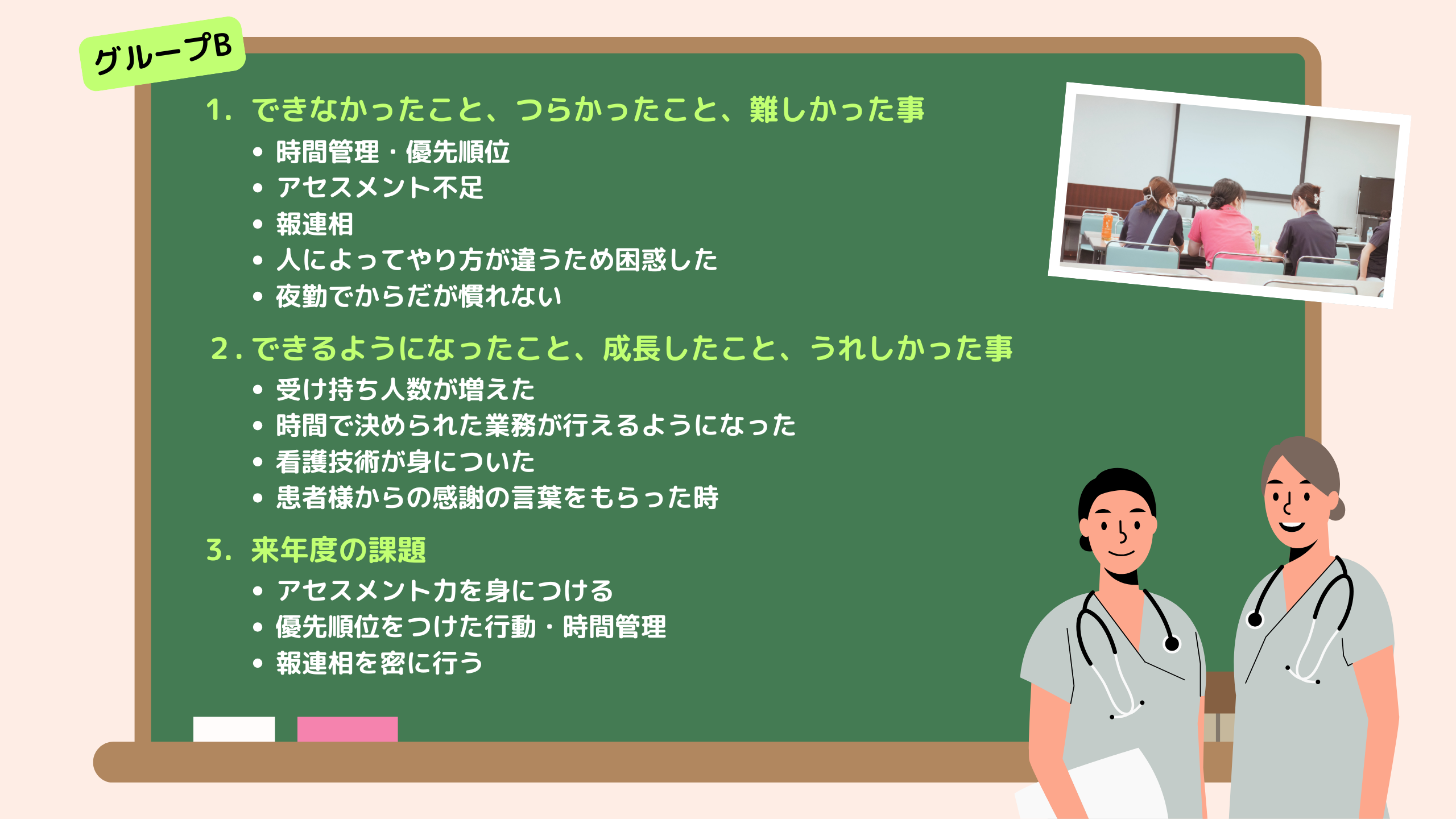 グループBのできなかったこと、できるようになったこと、来年度の課題